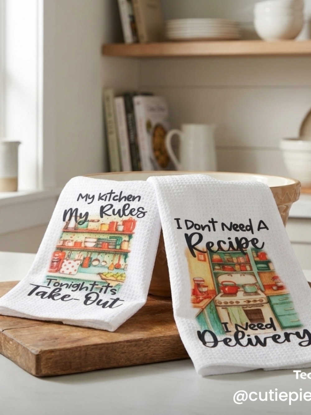 White Kitchen Dish Towels Set with Colorful Vintage Kitchen Illustrations